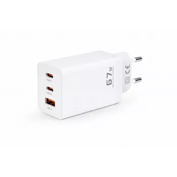 Voltage GaN 67W caricabatterie da parete, 2x USB-C e 1x USB-A, PD 3.0, QC 3.0, PPS, spina EU, bianco