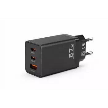 Voltage caricabatterie GaN 67W da parete, PD 3.0 / QC 3.0, 2x USB-C e 1x USB-A, spina EU, nero