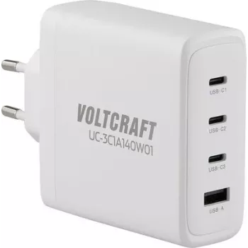 VOLTCRAFT UC-3C1A140W01 caricabatterie USB GaN 140W PD 3.1, 3x USB-C, 1x USB-A, bianco