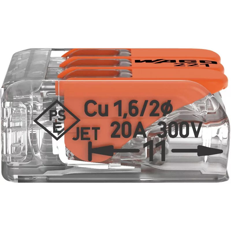 WAGO 221-413 COMPACT Morsetto di collegamento, 3 conduttori, 0,2–4 mm², trasparente, confezione da 50