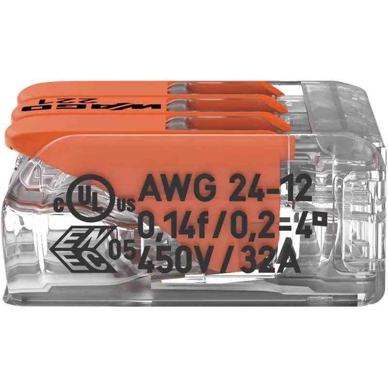 WAGO 221-413 COMPACT Morsetto di collegamento, 3 conduttori, 0,2–4 mm², trasparente, confezione da 50