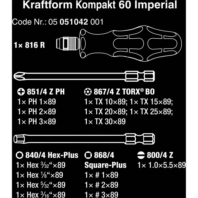 Wera set punte Kraftform Kompakt 60 da 17 pezzi, taglio, Phillips, Pozidriv, TORX BO 05051042001