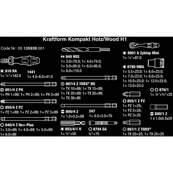 Wera Kraftform Kompakt H 1 Woodcraft impugnatura cacciavite con 12 bit misti - Hex, Phillips, Pozidriv, Torx