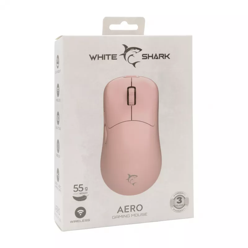 White Shark AERO PINK mouse da gaming senza fili (rosa, 10000 DPI, 2,4 GHz/USB-C)
