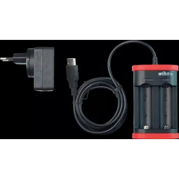 WIHA 41915 caricabatterie USB per batterie ricaricabili Li-Ion, 2 slot, ingresso 5V DC, uscita 3,6V DC, 1A per slot, indicatore LED, nero/rosso