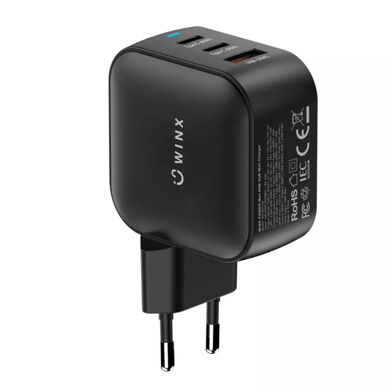WINX POWER Max 65W caricabatterie da parete GaN - 2x USB-C PD, 1x USB-A QC, nero