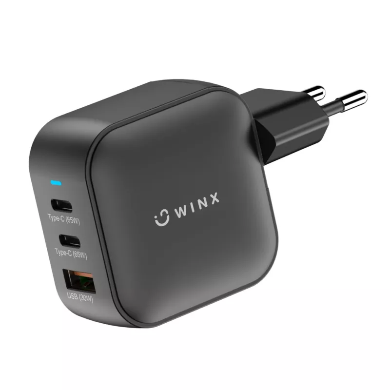 WINX POWER Max 65W caricabatterie da parete GaN - 2x USB-C PD, 1x USB-A QC, nero