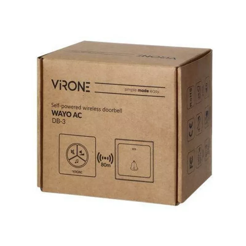 Campanello senza fili VIRONE DB-3 con pulsante senza batteria, trasmettitore autoapprendente, 80 m