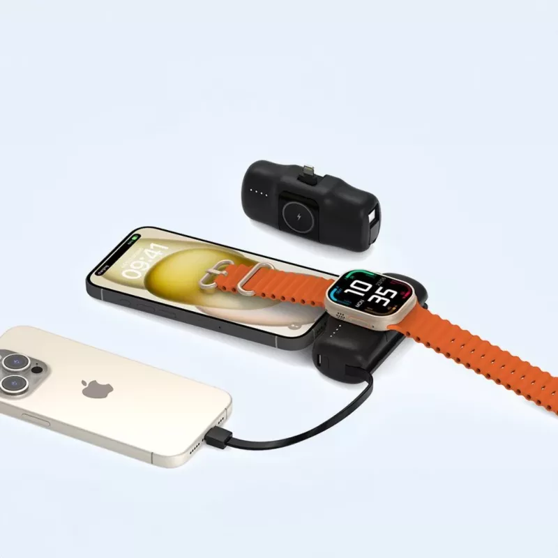 Wozinsky WF16-YLS Mini Power Bank 5000mAh 15W con cavo USB-C integrato e caricabatterie Apple Watch - Nero