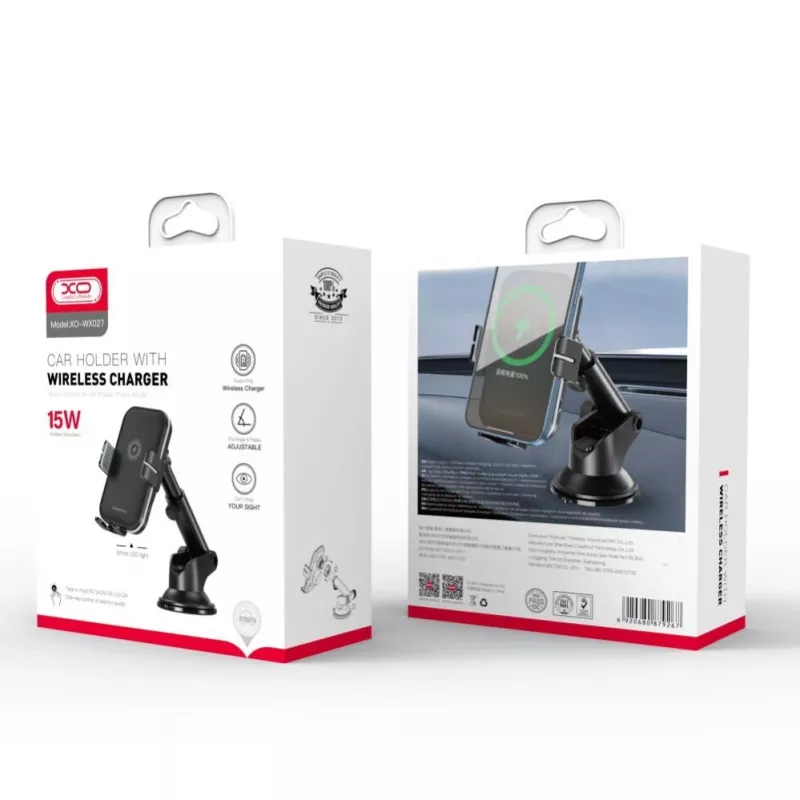 XO Supporto auto WX027 con caricabatterie a induzione wireless nero 15W con ventosa