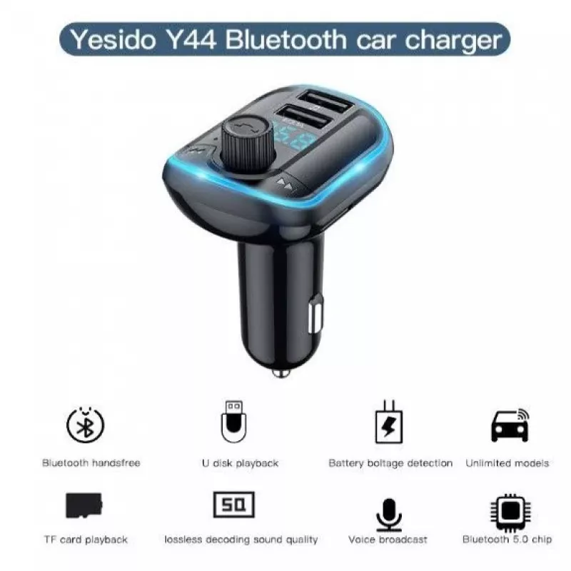YESIDO Y44 Lettore MP3 Caricatore da auto Bluetooth, 2 USB, nero