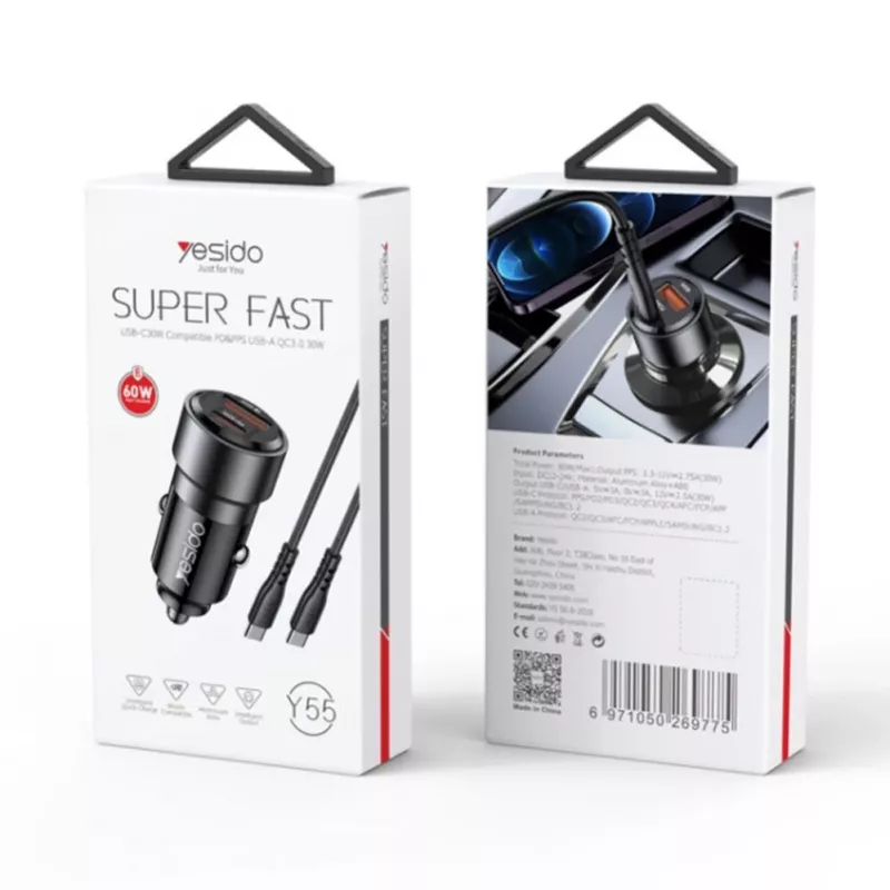 YESIDO Y55 caricabatterie da auto a ricarica rapida 60W con cavo USB-C a USB-C, nero