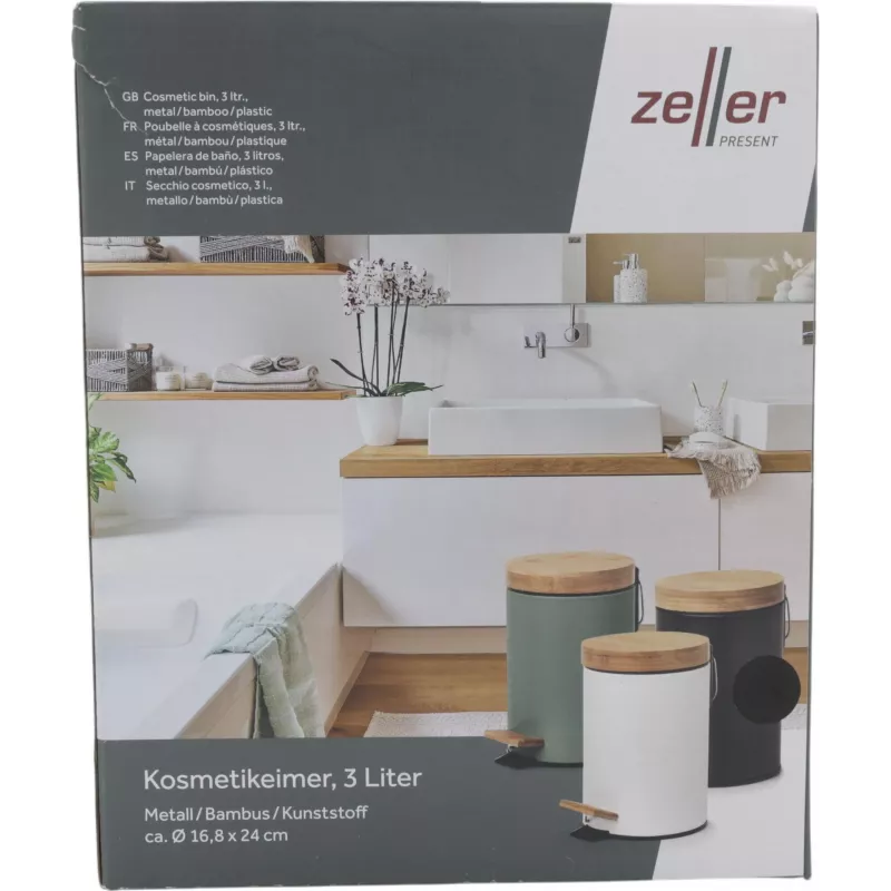 Zeller 18910 pattumiera a pedale Soft-Close 3L con coperchio in bambù, nero opaco