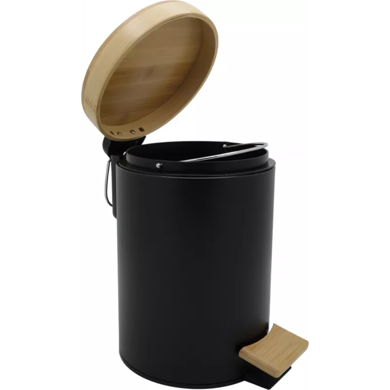 Zeller 18910 pattumiera a pedale Soft-Close 3L con coperchio in bambù, nero opaco