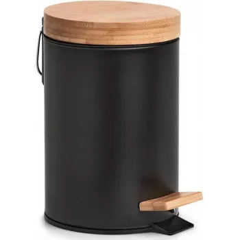 Zeller 18910 pattumiera a pedale Soft-Close 3L con coperchio in bambù, nero opaco