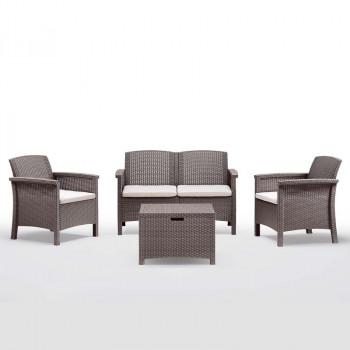 BICA Venezia Set da balcone 2 posti – effetto rattan marrone in resina, 2 poltrone + tavolino, protezione UV, cuscini inclusi