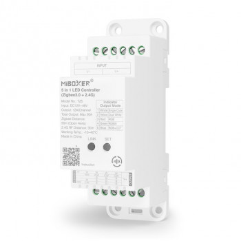 MiBoxer TZ5 controller LED 5-in-1 per guida DIN, Zigbee 3.0 + RF, 12 A/canale, 20 A totali