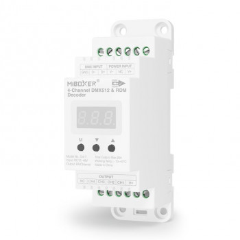 MiBoxer D4-T decoder LED DMX512/RDM a 4 canali, guida DIN, 12–48 V, 20 A