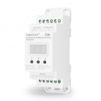 MiBoxer D5-T decoder LED DMX512/RDM-LE a 5 canali, guida DIN, 12–48 V, 20 A